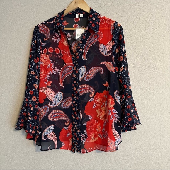 Boho Paisley Floral Bell Sleeve Sheer Blouse Sz M Retro Vintage Chic Fairytale - Picture 4 of 15